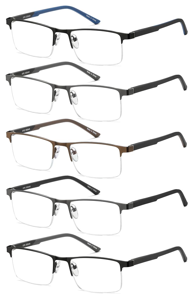 EYECEDAR 5 Pack Blue Light Blocking Reading Glasses Men Metal Half Frame Spring Hinges Rubber Flexible Temple Arms Computer Eyeglasses Readers for Men 2.50